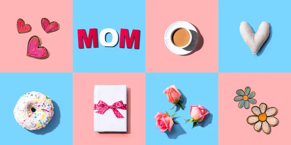 Muttertagsthema Mit Geschenkbox Herzen Und Rosen Flatlay — Stockfoto
