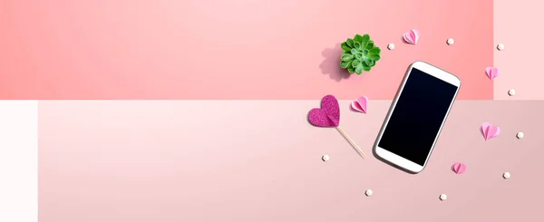 Smartphone Avec Des Cœurs Une Couche Succulente Plat — Photo