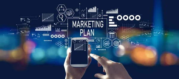 Marketing Plan Thema Met Persoon Met Behulp Van Een Smartphone — Stockfoto