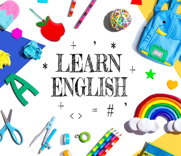 Learn English Theme School Supplies Overhead View Flat Lay — Foto de Stock