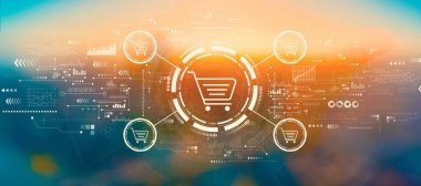 Gün batımında veya gün doğumunda bulanık şehir manzarası ile çevrimiçi alışveriş teması