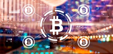 Bitcoin theme with big city lights at night