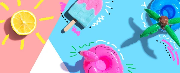Summer Concept Flamingo Float Lemon Sunlight Popsicle Flat Lay — Stockfoto
