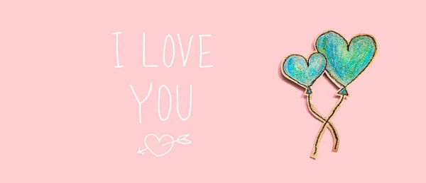 Love You Message Hand Draw Blue Hearts Flat Lay — Stock Photo, Image