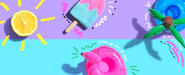 Summer Concept Flamingo Float Lemon Sunlight Popsicle Flat Lay — ストック写真