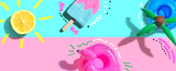 Zomer Concept Met Een Flamingo Float Citroen Zonlicht Een Ijslolly — Stockfoto