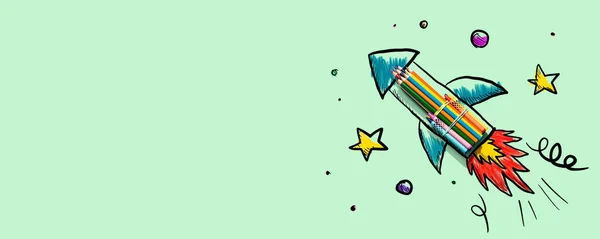 Вернуться Теме Школы Нарисованными Вручную Ракетами Цветными Карандашами — стоковое фото