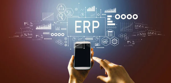 Erp Enterprise Resource Planning Theme Hand Pressing Button Technology Screen — Stockfoto
