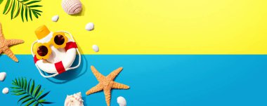 Güneş gözlüğü takıp deniz yıldızı ve deniz kabuğu takan güneş kremi şişesi.