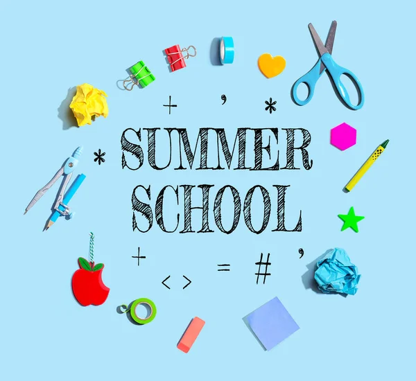 Summer School Theme School Supplies Overhead View Flat Lay — Stockfoto