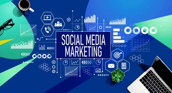 Social Media Marketing Theme Laptop Computer Blue Green Pattern Background — Stock Photo, Image