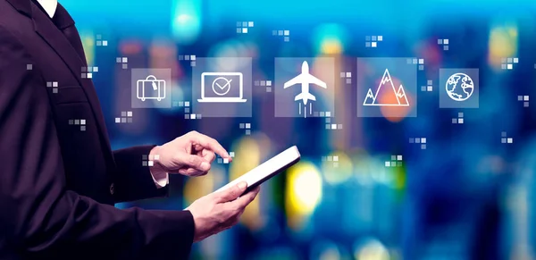 Flight Ticket Booking Concept Businessman Using Tablet Computer Night — Stock Photo, Image