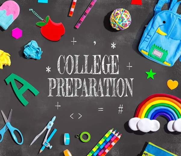 College Preparation Theme School Supplies Chalkboard Flat Lay — Stockfoto