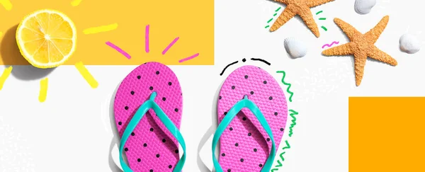 Summer Concept Flip Flops Lemon Sunlight Flat Lay — Fotografia de Stock