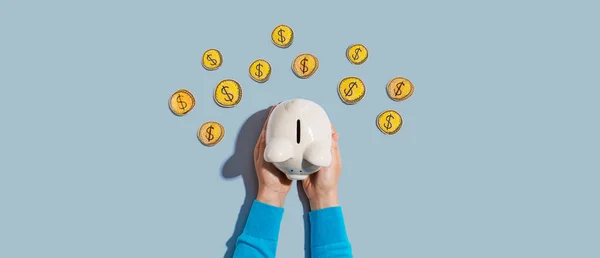 Person Holding Piggy Bank Hand Drawn Coins — Stock Photo, Image