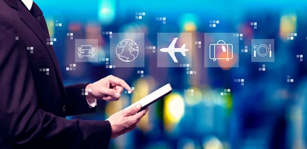 Airplane Travel Theme Businessman Using Tablet Computer Night — Stock Photo, Image