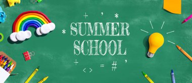 Summer School theme with school supplies overhead view - flat lay clipart