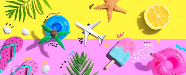 Summer Concept Airplane Popsicle Flip Flops Lemon Sunshine Flat Lay — Stockfoto