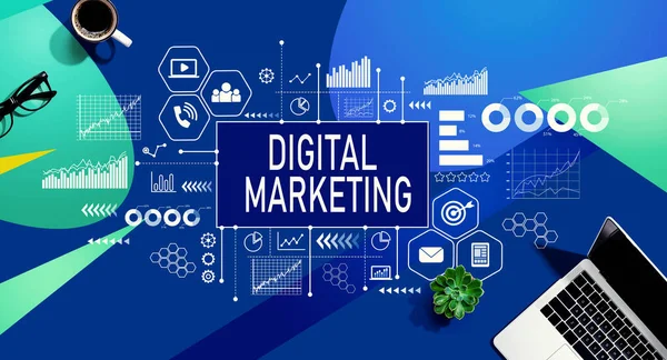 Digitale Marketing Met Een Laptop Computer Een Blauw Groen Patroon — Stockfoto
