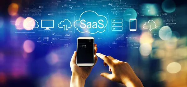 Saas Software Als Serviceconcept Met Persoon Die Een Smartphone Gebruikt — Stockfoto