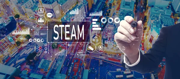 Steam Thema Mit Geschäftsmann Der Nacht Einer Stadt — Stockfoto
