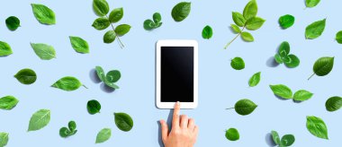 Tablet bilgisayarlı yeşil yapraklar - düz yatıyordu