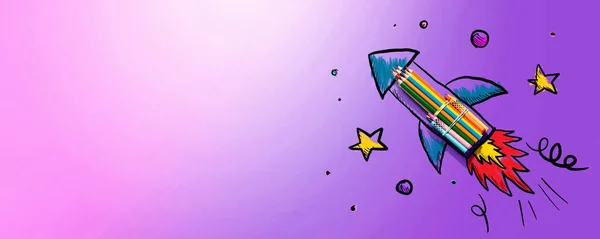 Volver Tema Escuela Con Cohete Dibujado Mano Lápices Colores — Foto de Stock