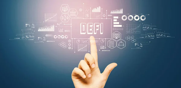 Defi Decentralized Finance Theme Hand Pressing Button Technology Screen — Stockfoto
