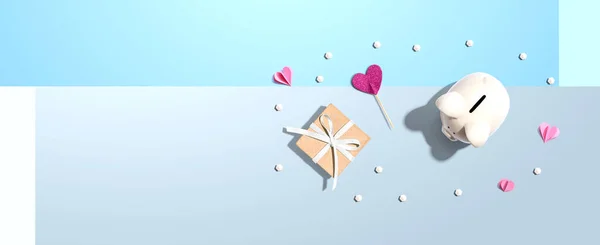 Sparschwein Mit Geschenkbox Und Herzen Flach Gelegt — Stockfoto