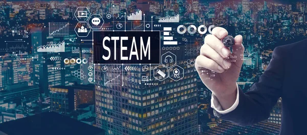 Steam Thema Mit Geschäftsmann Der Nacht Einer Stadt — Stockfoto