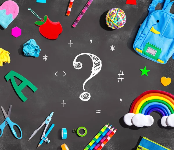 Question Mark School Supplies Chalkboard Flat Lay — Stockfoto