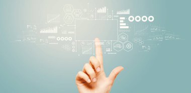 Industry 4.0 theme with hand pressing a button on a technology screen