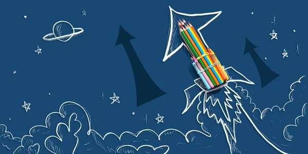 Back School Theme Hand Drawn Rocket Pencils Flat Lay — Stock Photo, Image