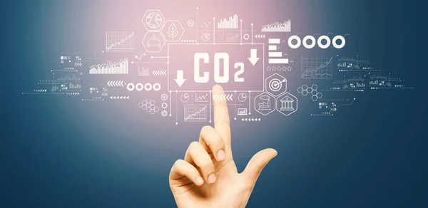Reduce Co2 Theme Hand Pressing Button Technology Screen — Stock Photo, Image