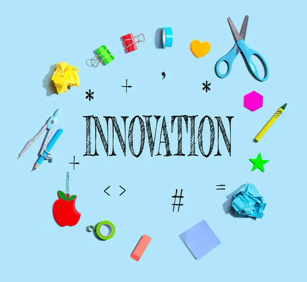 Innovation Theme School Supplies Overhead View Flat Lay — Stockfoto