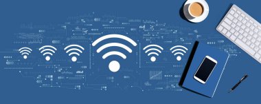 Wifi theme with a computer keyboard and office items