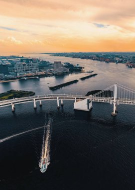 Odaiba, Tokyo, Japonya 'daki Gökkuşağı Köprüsü' nün havadan görünüşü