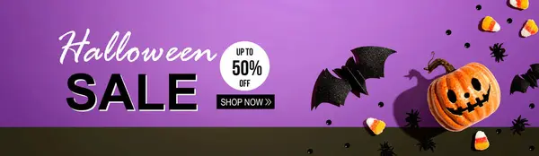 Halloween Försäljning Banner Med Pumpor Spöke Och Halloween Dekorationer Platt — Stockfoto