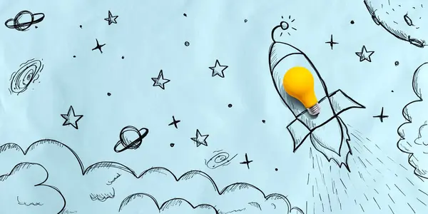 构想中的灯泡火箭飞向天空 平坦的地面 — 图库照片