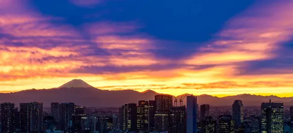 レアマウンテンシャドウで日没する東京から富士山の景色 — ストック写真