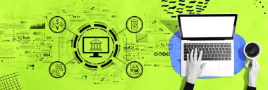 Bir dizüstü bilgisayar kullanan kişiyle şifreli para birimi fintech teması