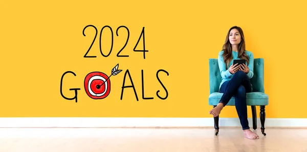 2024 Doelen Concept Met Jonge Vrouw Met Een Tablet Computer — Stockfoto