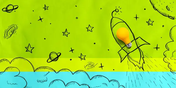 Idea Bombilla Cohete Volando Hacia Cielo Flat Lay —  Fotos de Stock