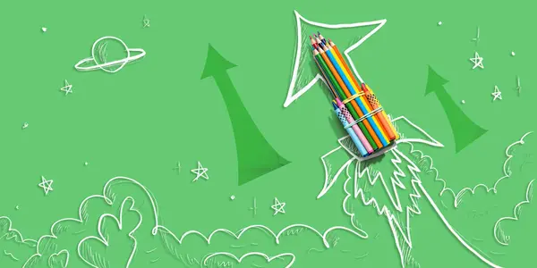手描きのロケットと鉛筆で学校のテーマに戻る フラットレイ ロイヤリティフリーのストック画像