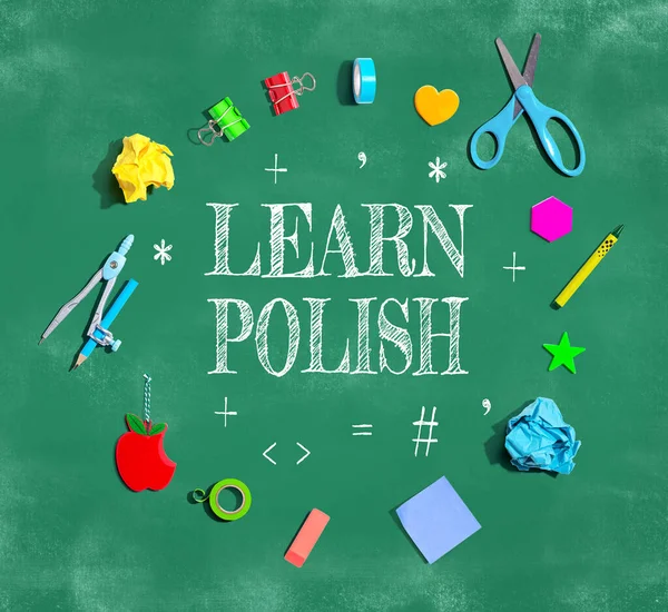 Learn Polish Theme School Supplies Chalkboard Flat Lay Imágenes de stock libres de derechos