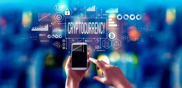Cryptocurrency Theme Person Using Smartphone City Night Royalty Free Stock Images
