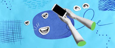 Gözleri ve ağzı olan bir akıllı telefon kullanan kişi - Fotoğraf kolajı tasarımı