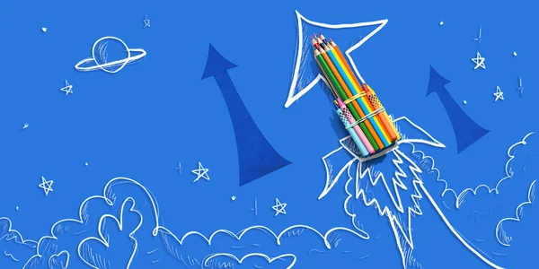 Back School Theme Hand Drawn Rocket Pencils Flat Lay Royalty Free Stock Photos