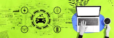 Bir dizüstü bilgisayar kullanan kişi ile EV kavramı