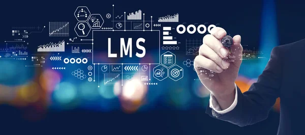 Lms Learning Management System Mit Geschäftsleuten Einer Stadt Bei Nacht Stockbild
